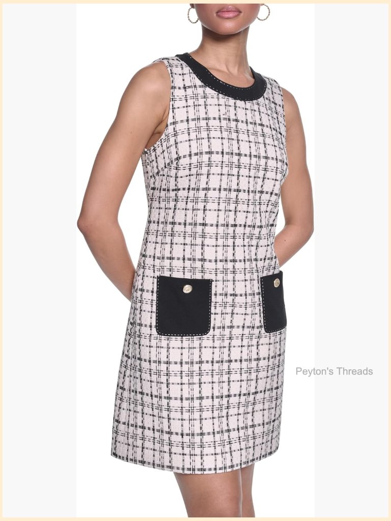 Sleeveless Crew Neck Tweed Contrast Stitching Shift Dress